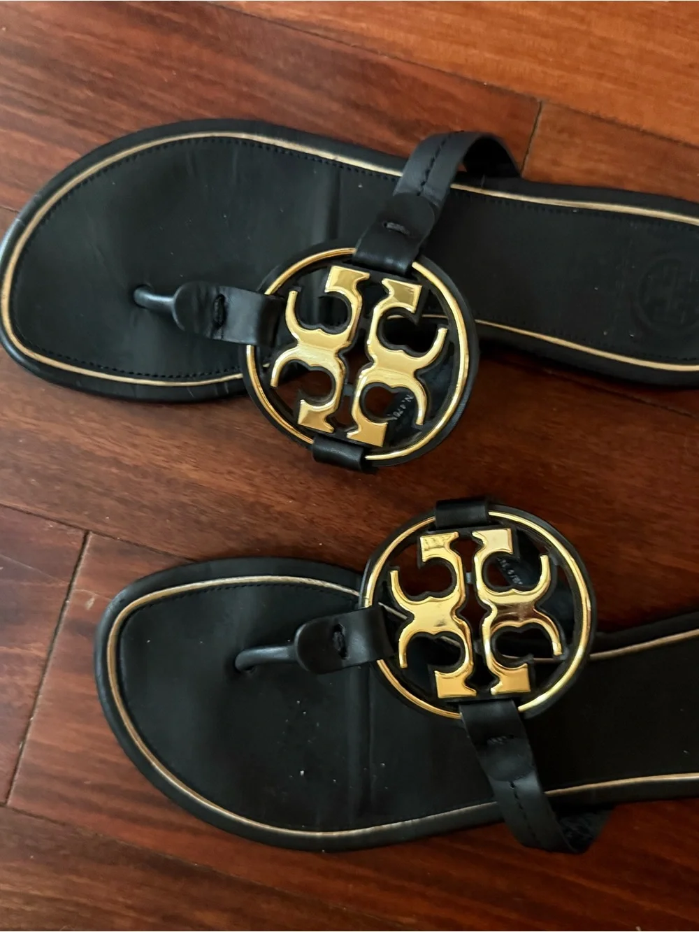Tory Burch Black Leather Thong Sandals with Gold Double-T Medallions